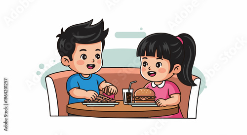 Two cartoon children enjoy a meal of hamburgers and fries at a diner