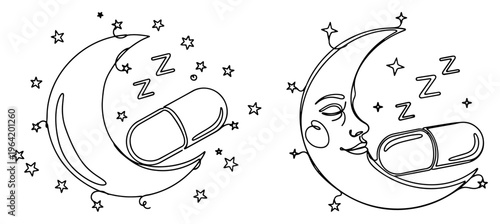 Crescent moon with sleeping pills and stars for insomnia concept in minimalist line art style