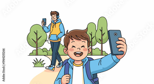 Two smiling boys taking selfies in a park with trees