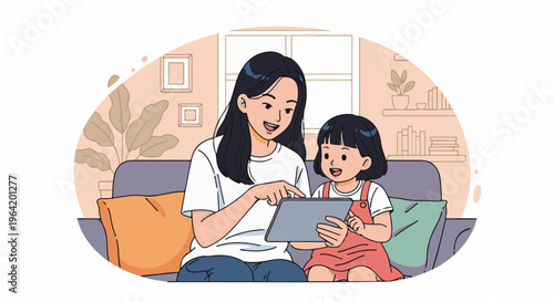 Mother and child on couch, looking at a tablet, cozy indoor scene
