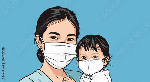 Mother and child wearing protective face masks against a blue background
