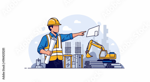 Construction worker with blueprint points to building plans at site with excavator