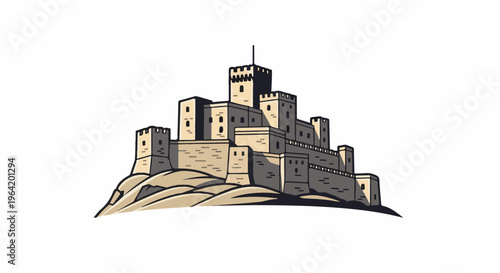 Cartoonish stone fortress with multiple towers on a rocky hill