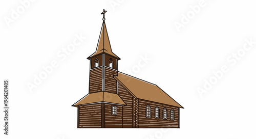 Rustic log church with a tall steeple and arched windows