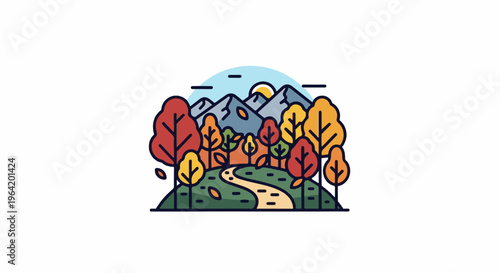 Autumnal landscape with vibrant trees, mountains, and a winding path