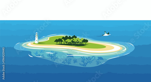 Serene tropical island with lighthouse, lush trees, and marine life