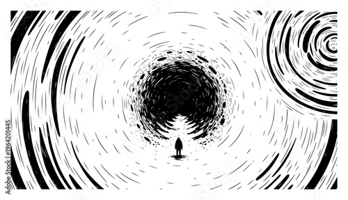 Lonely person silhouette standing before a massive cosmic vortex tunnel in surreal engraving style