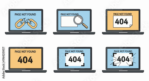 Six laptops display "Page Not Found" errors with various graphics