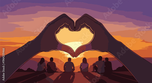 Silhouette friends creating heart shape with hands against sunset sky