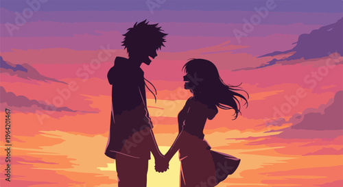 Silhouetted couple holds hands against a vibrant pixelated sunset