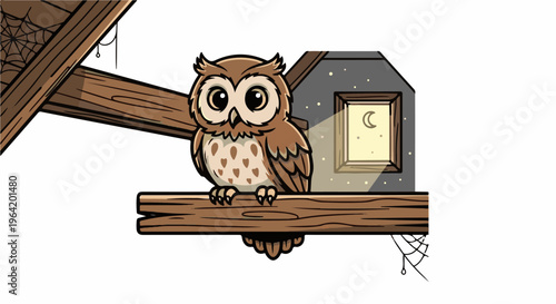 Cartoon owl perched on attic beams under a crescent moon night sky