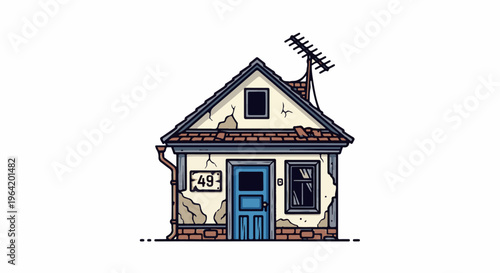 An aged, weathered house with a blue door, rooftop antenna, and peeling facade