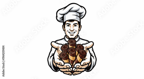 Smiling chef presents delicious chocolate wafer rolls in his hands