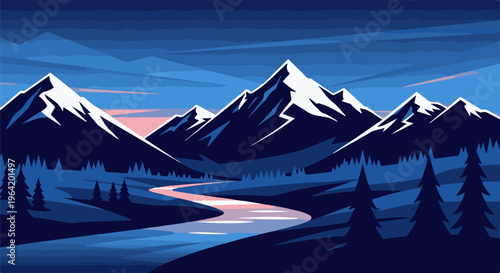 Snow-capped mountains overlook a winding river reflecting the sunset sky