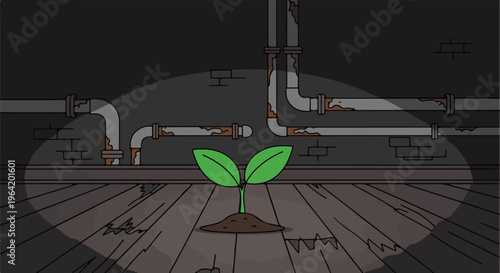 A tiny green sprout grows in dirt on a wooden floor, under pipes