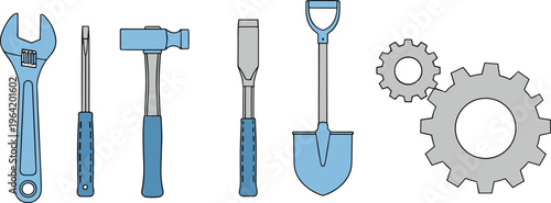Hand tools collection with wrench, screwdriver, hammer, chisel, shovel and gears, construction equipment set, repair toolkit vector illustration isolated background