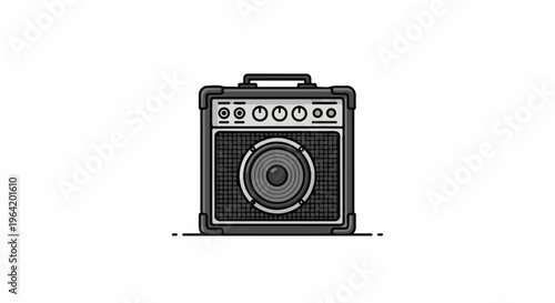 A stylized illustration of a small, portable amplifier with a handle and knobs