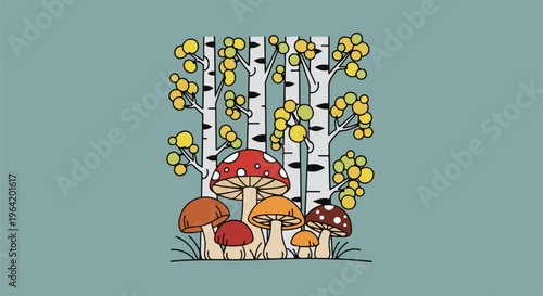 A whimsical forest scene featuring various mushrooms and birch trees with yellow foliage