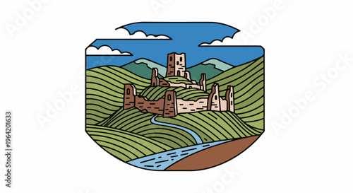 Stylized depiction of ancient castle ruins atop rolling green hills