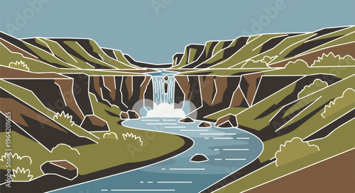 Stylized cliffside waterfall with a winding river flowing through a canyon