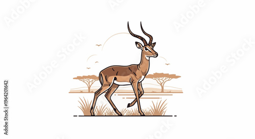 A stylized gazelle walks across a savanna landscape with acacia trees and birds
