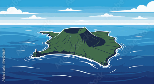 Stylized green volcanic island with lighthouses in deep blue ocean under clouds
