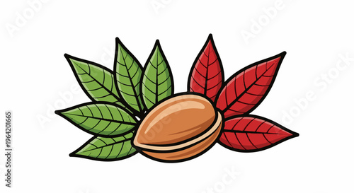 A single nut with a split shell, surrounded by green and red leaves
