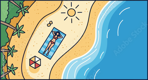 A person sunbathes on a beach next to palm trees and the ocean