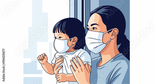 A person holds a young child, both wearing face masks, looking outwards