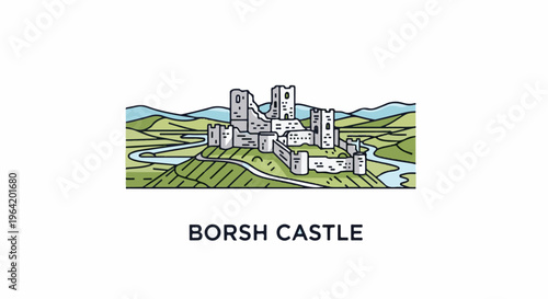 Stylized illustration of a stone castle on a hill amidst rolling green hills