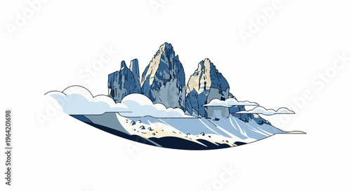 Stylized jagged mountain peaks pierce the sky amidst soft clouds