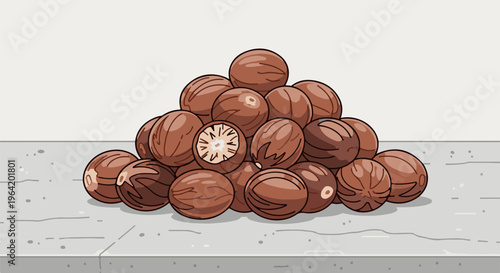 Pile of whole and halved nutmeg seeds on a textured surface