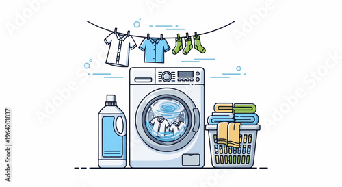 Washing machine with clothes, basket, detergent, and drying line