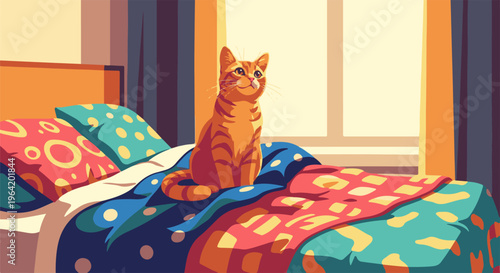 A cozy orange tabby cat sits on a bed with vibrant, patterned bedding near a window