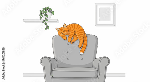 A cozy orange tabby cat naps comfortably on a soft gray armchair