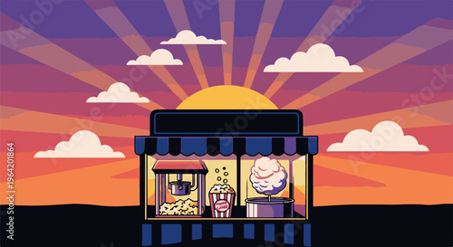 Pixel art scene of a concession stand with popcorn and cotton candy at sunset