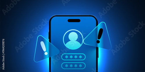 Smartphone security concept with login interface and warning signs. Cybersecurity illustration.