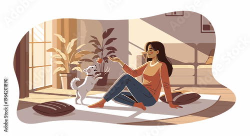 Woman playing with her dog indoors by sunlight