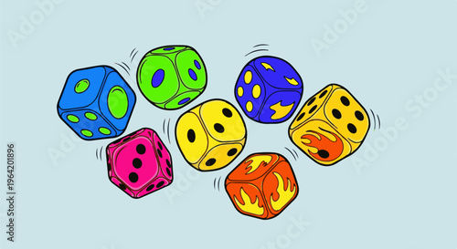 A collection of brightly colored dice tumbling on a light blue background
