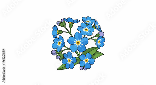 A cluster of delicate blue forget-me-not flowers with yellow centers and green leaves