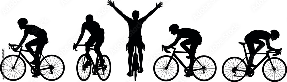 Obraz premium Cyclists silhouettes racing and celebrating victory on bicycles, representing competitive cycling sport, fitness performance, endurance, and active outdoor lifestyle concept