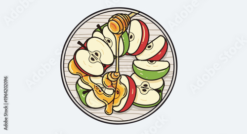 Sliced apples with honey drizzled from a dipper on a platter