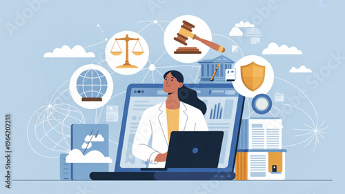 Businesswoman working on laptop with law and security icons floating around representing legal technology and online protection