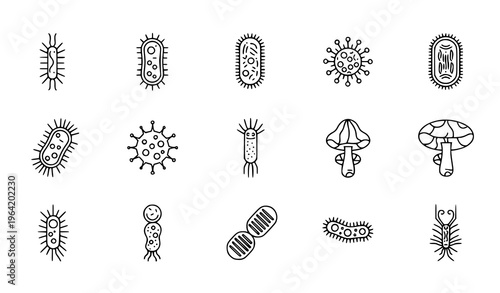 Microorganisms Icons Vector Set Linear Outline Editable Stroke Isolated Scientific Illustration