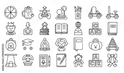 Kids Outline Icons Vector Set Linear Editable Stroke Children Toys Education Isolated