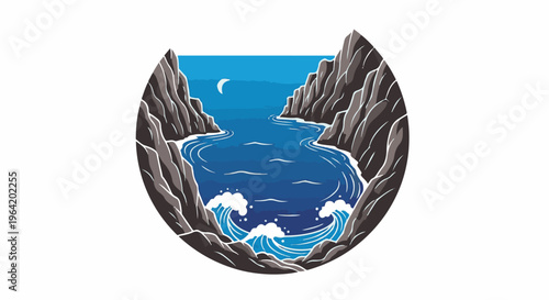Stylized view of a bay with rocky cliffs and waves under a crescent moon