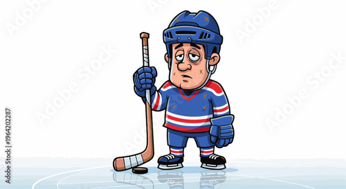 Tired cartoon hockey player with stick on ice rink