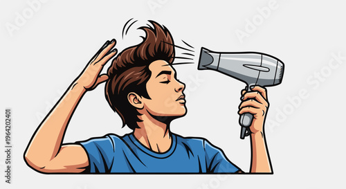 Young man styling his voluminous hair with a hairdryer