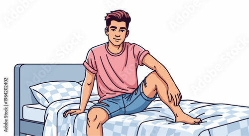 Young man with pink hair sits on a bed wearing a pink shirt and ripped denim shorts