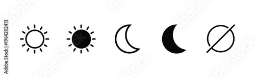 Sun and moon icon set with day night and eclipse symbols in outline and solid styles vector illustration